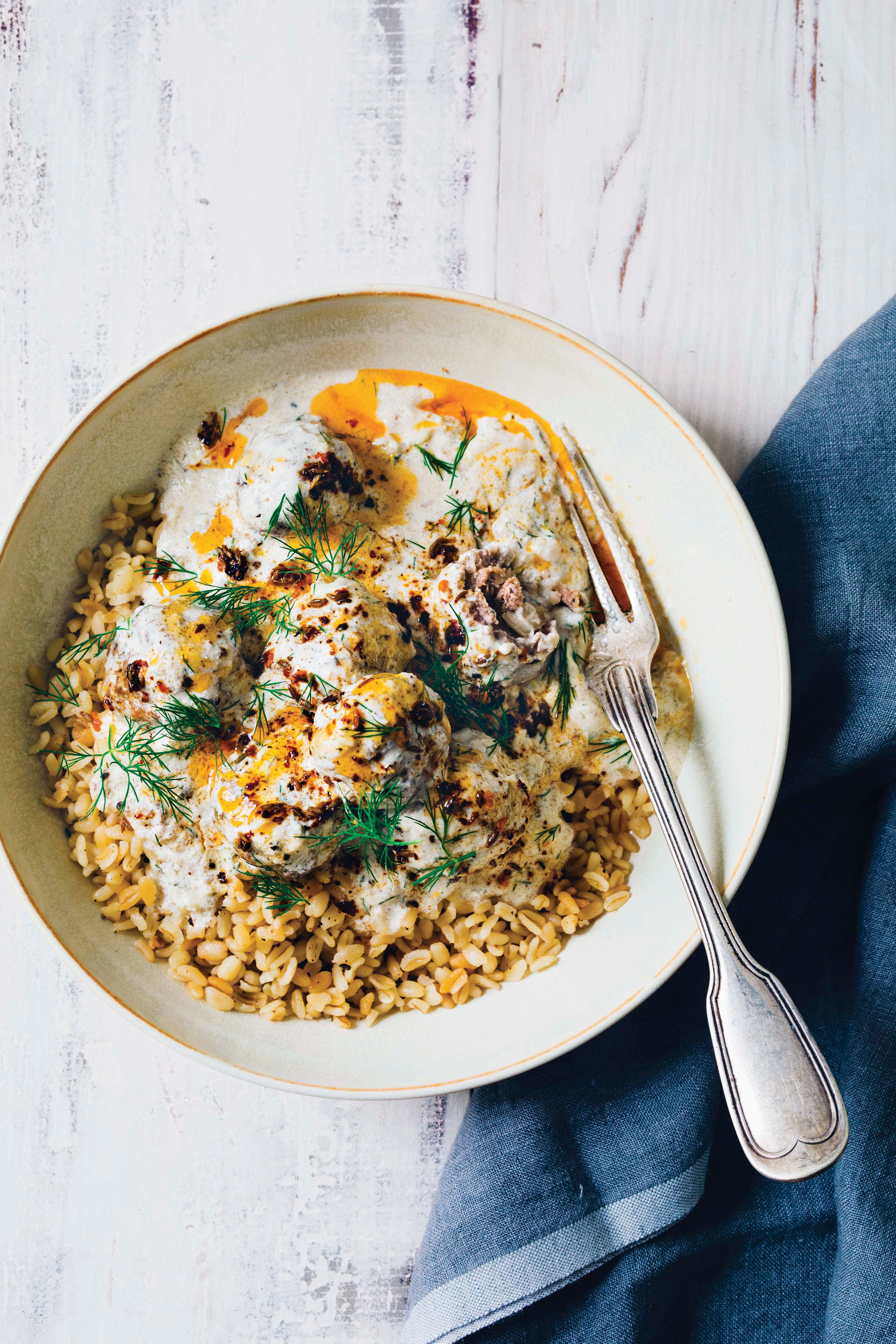 Lamb Meatballs in Warm Yogurt Sauce with Sizzling RedPepper Butter